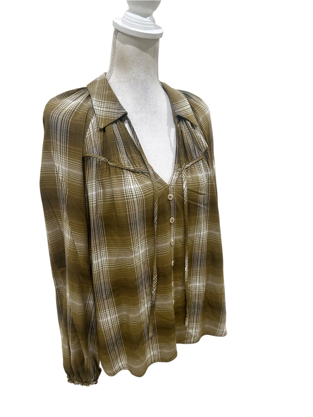 Blu Pepper Plaid Button-Down smocked peasant casual Shirt Tan Cream size small - Picture 6 of 12